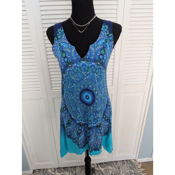 Vtg Authentic Desigual Tunic Mini Womens S Paisley Art Logo Blue Top Boho Hippie - Picture 1 of 12